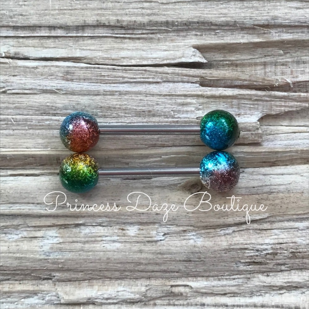 Rainbowโ Glitter Nipple Ring Barbell Set Multi Color Body Jewelry